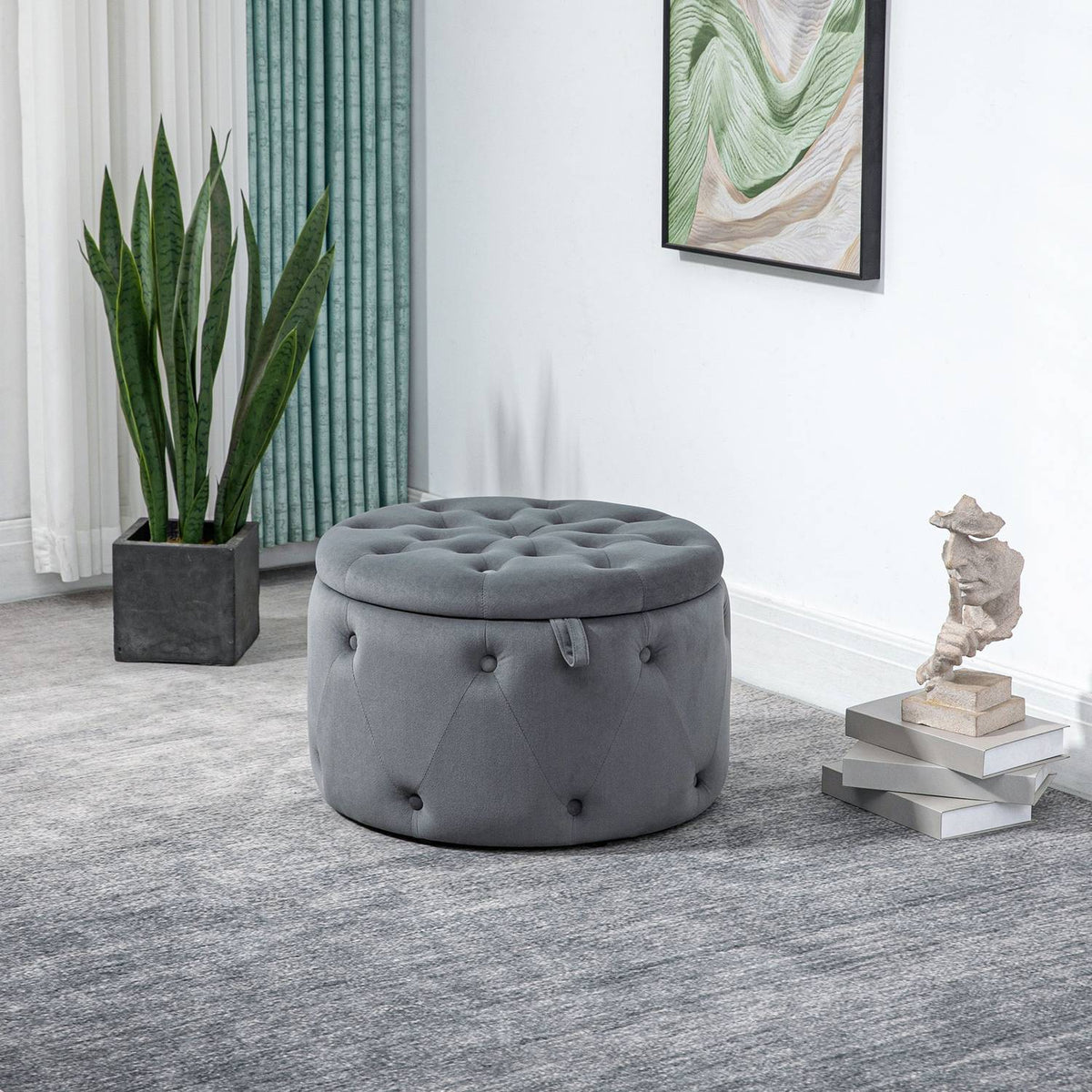 Stool With Storage Space, Upholstered Stool Storage Box With Lid, Round Ottoman, Seat Chest With Velvet Look, Gray, Ø60 X 40 Cm
