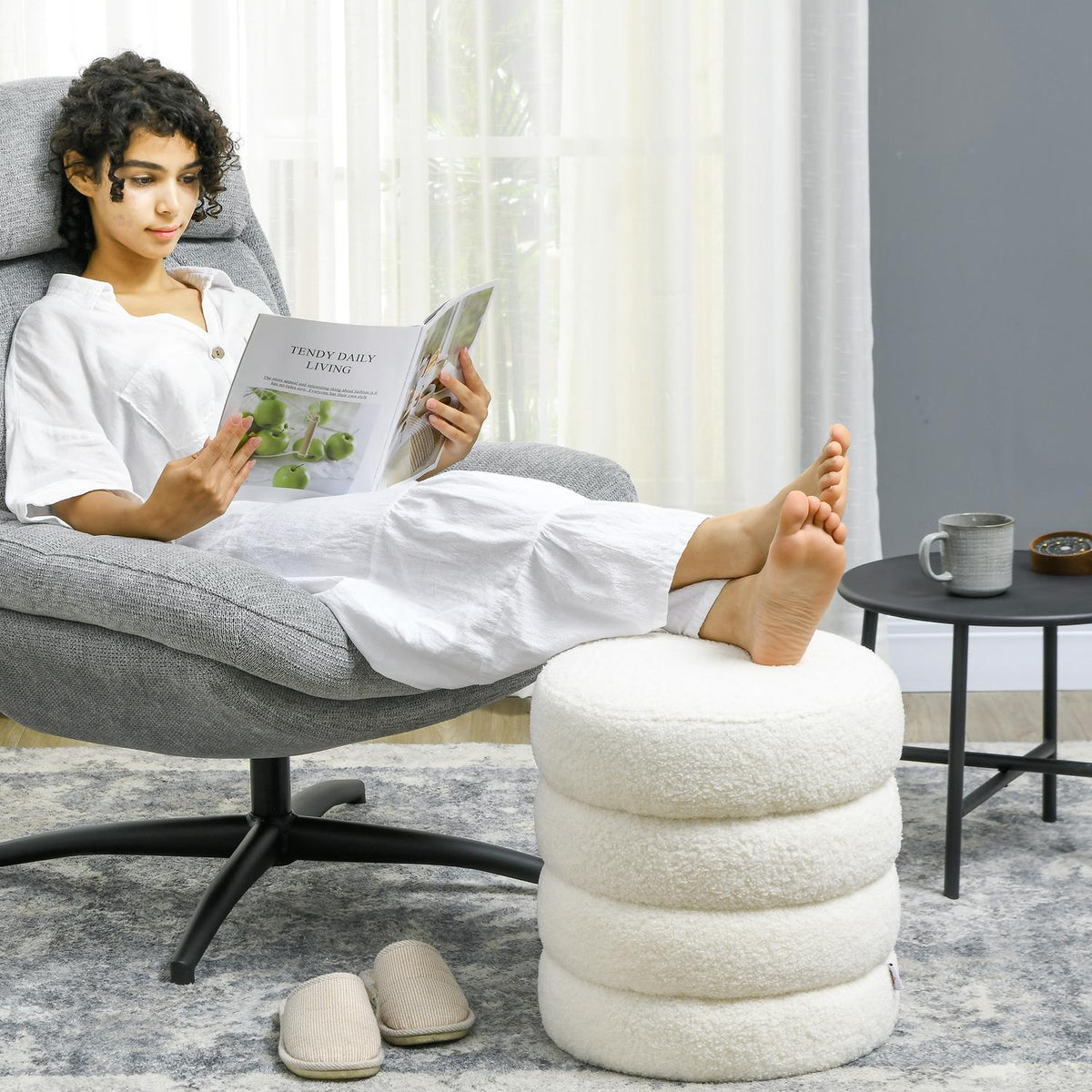 Stool, footstool, round ottoman, footrest with seat cushion, for living room, bedroom, cream white, Ø40 x 45 cm