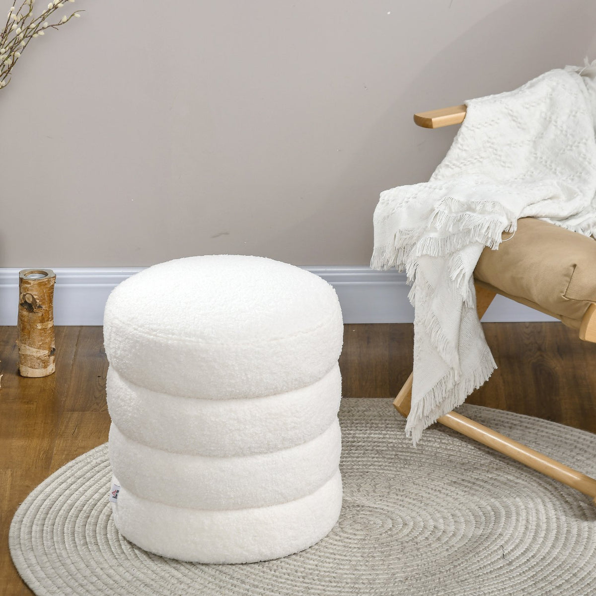 Stool, footstool, round ottoman, footrest with seat cushion, for living room, bedroom, cream white, Ø40 x 45 cm