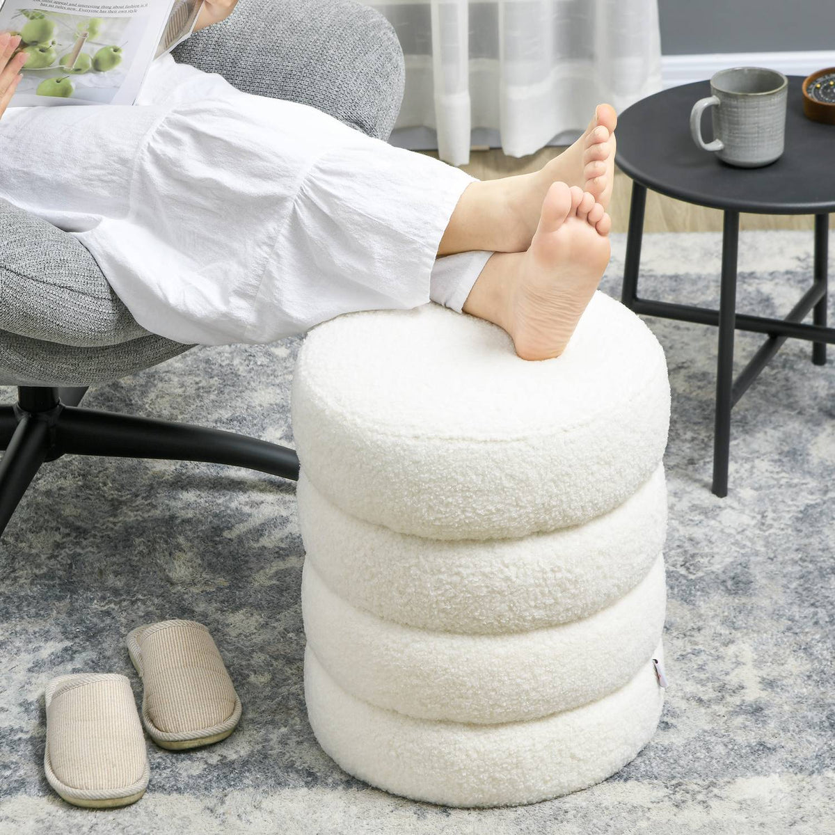Stool, footstool, round ottoman, footrest with seat cushion, for living room, bedroom, cream white, Ø40 x 45 cm