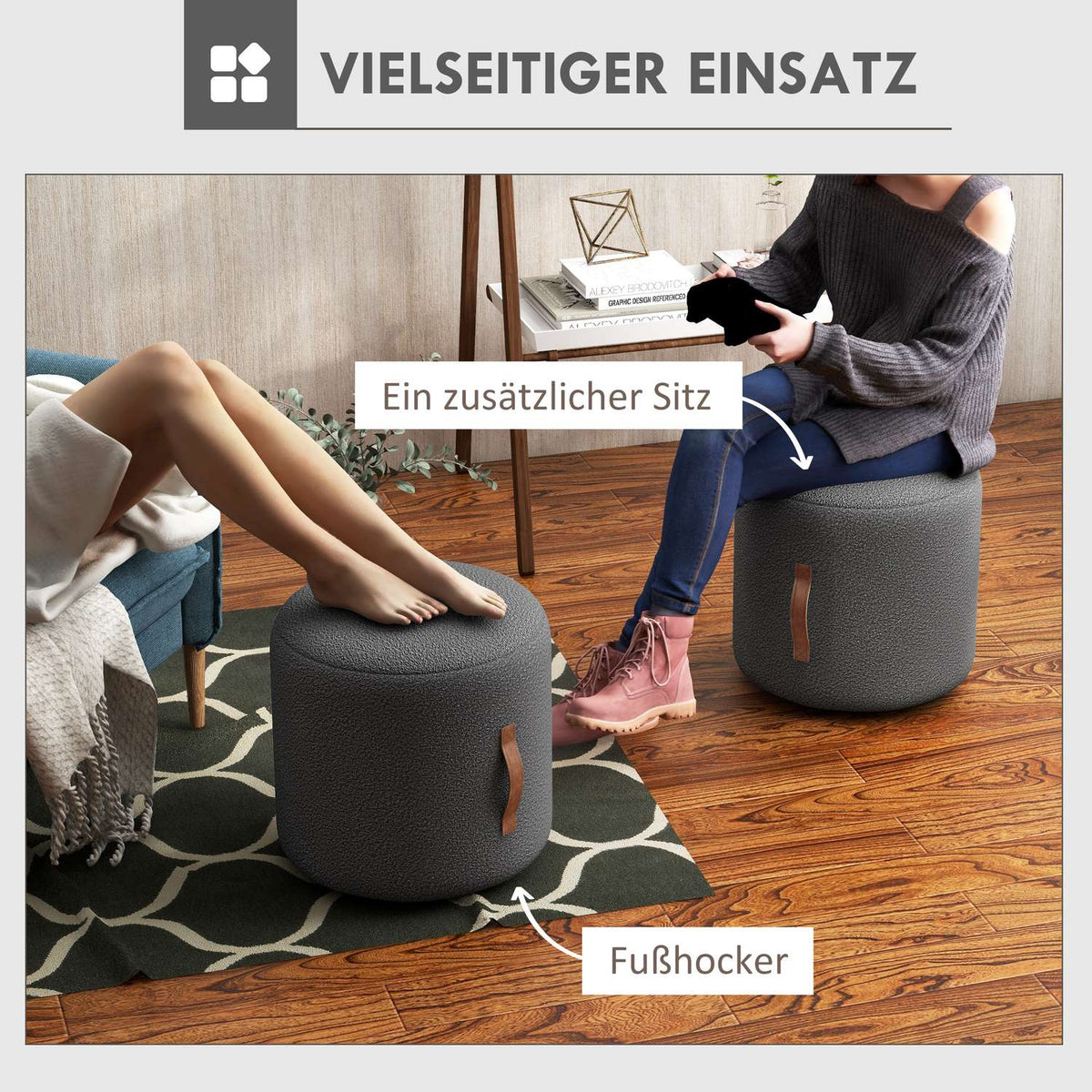Stool, footstool, round ottoman with handle, footrest, for living room, bedroom, dark gray, Ø48 x 45 cm