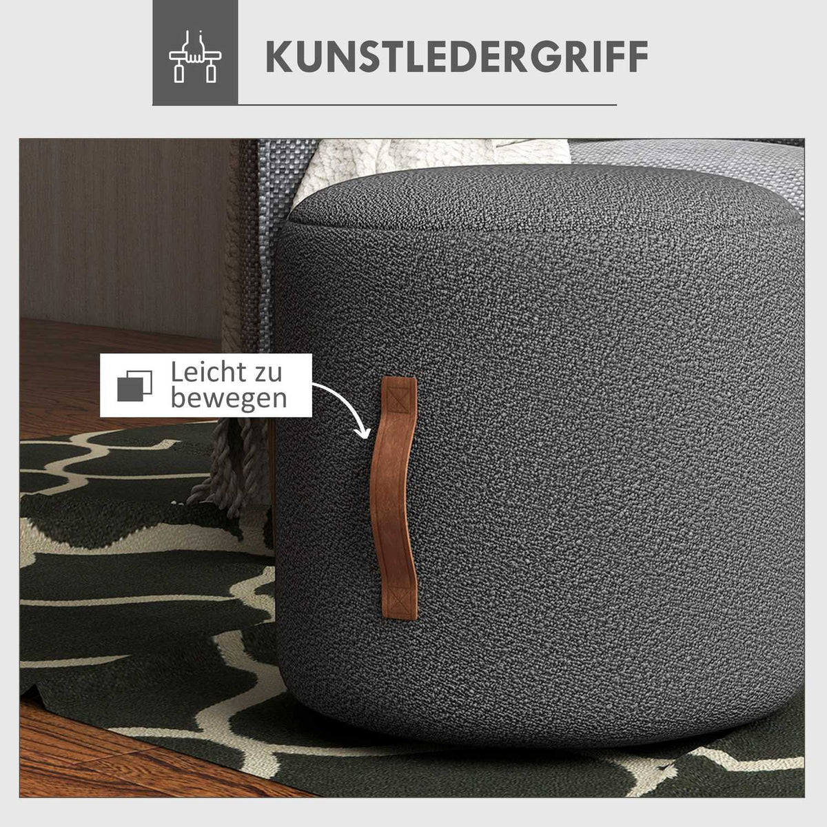 Stool, footstool, round ottoman with handle, footrest, for living room, bedroom, dark gray, Ø48 x 45 cm