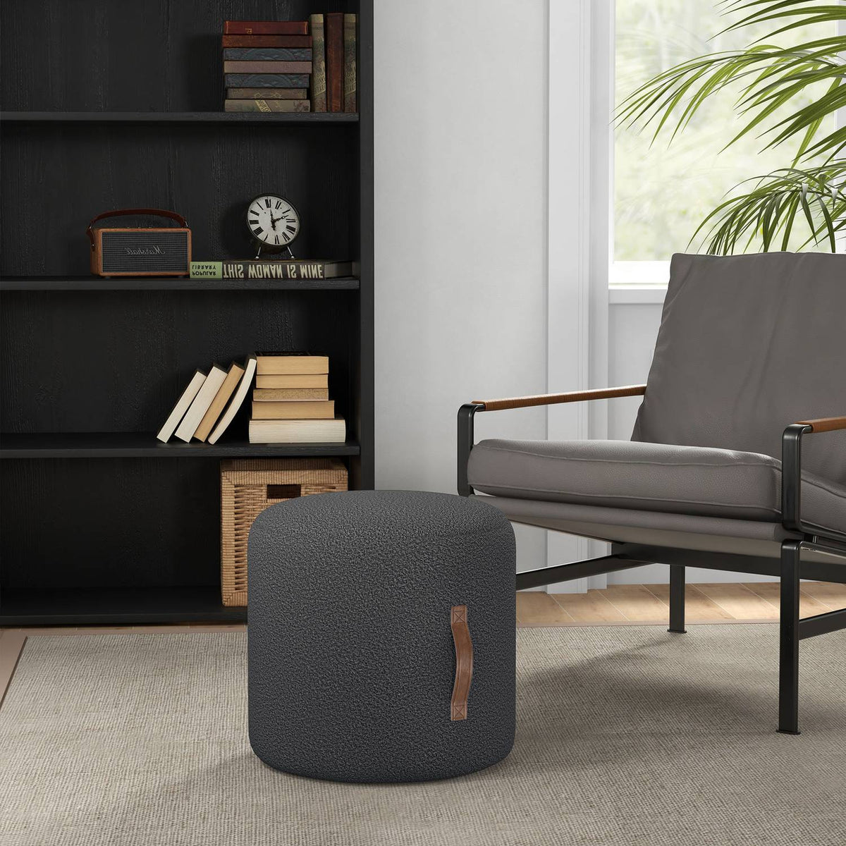 Stool, footstool, round ottoman with handle, footrest, for living room, bedroom, dark gray, Ø48 x 45 cm