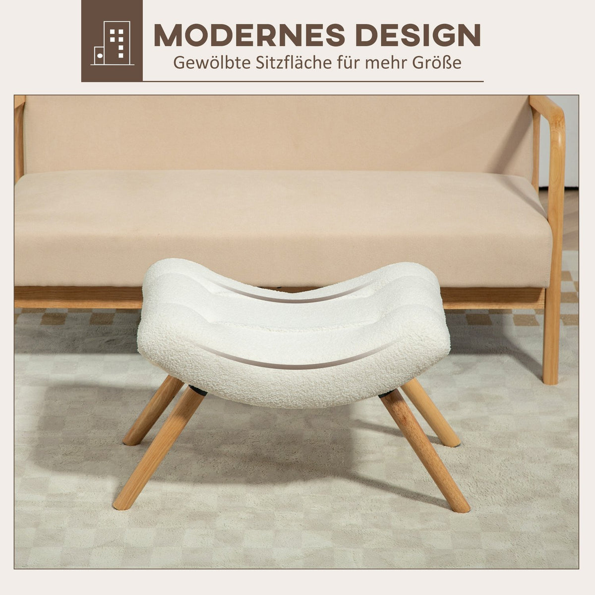 Stool, footstool with Berber fleece fabric, upholstered stool with a load capacity of up to 120 kg, for living room, bedroom, 60.5 x 45 x 38 cm, cream white