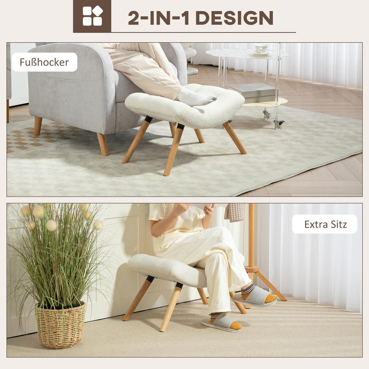 Stool, footstool with Berber fleece fabric, upholstered stool with a load capacity of up to 120 kg, for living room, bedroom, 60.5 x 45 x 38 cm, cream white