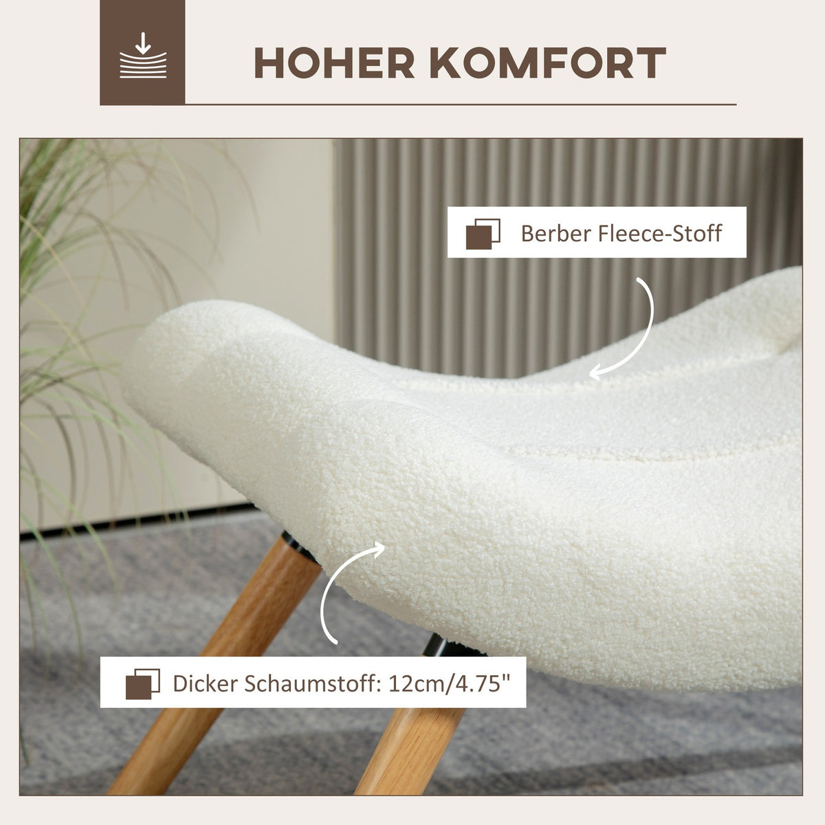 Stool, footstool with Berber fleece fabric, upholstered stool with a load capacity of up to 120 kg, for living room, bedroom, 60.5 x 45 x 38 cm, cream white