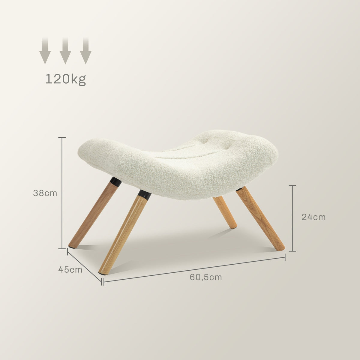 Stool, footstool with Berber fleece fabric, upholstered stool with a load capacity of up to 120 kg, for living room, bedroom, 60.5 x 45 x 38 cm, cream white