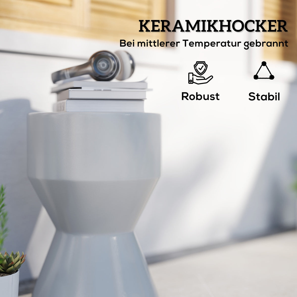 Stool made of ceramic, 120 kg load capacity, diameter 33 x 45.5 cm, weatherproof garden stool in hourglass shape, flower stool, footstool for outdoor camping, garden, terrace, balcony, light gray