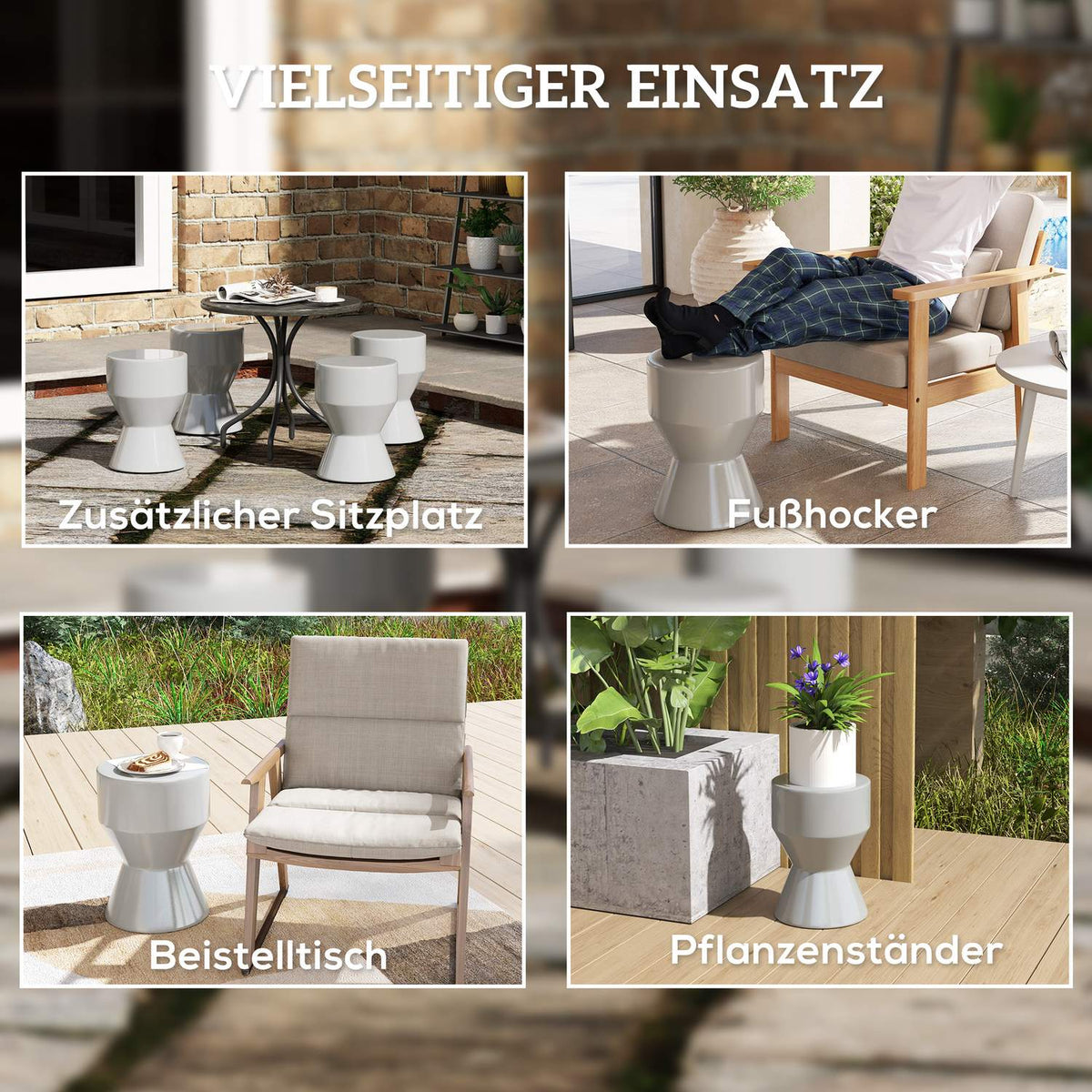 Stool made of ceramic, 120 kg load capacity, diameter 33 x 45.5 cm, weatherproof garden stool in hourglass shape, flower stool, footstool for outdoor camping, garden, terrace, balcony, light gray