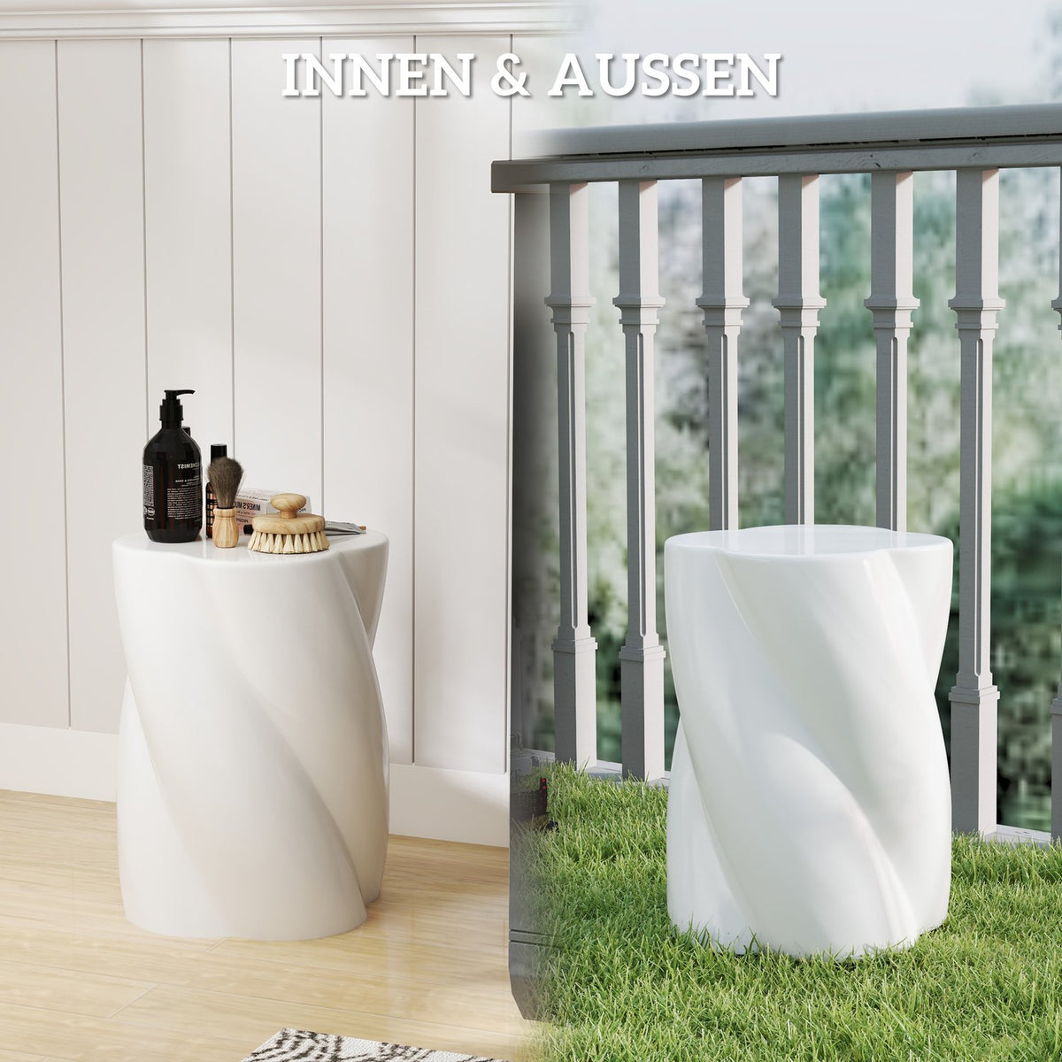 Stool made of ceramic in spiral shape, load capacity 120 kg, diameter 33 x 45 cm, weatherproof garden stool with lid, flower stool, footstool for outdoor camping, garden, terrace, balcony, white