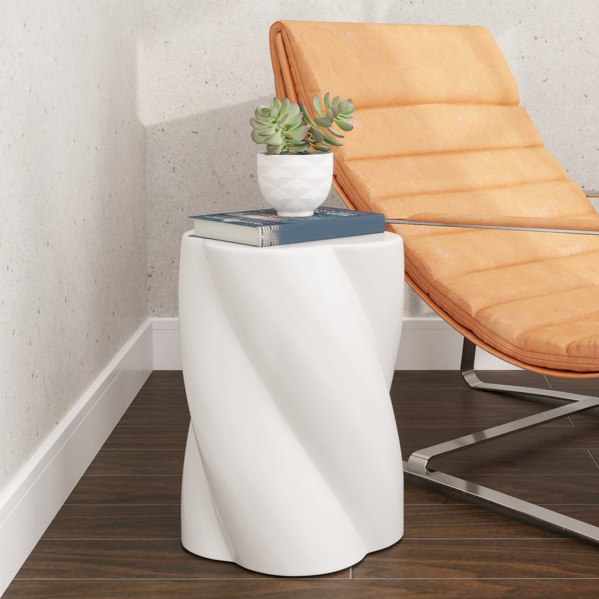 Stool made of ceramic in spiral shape, load capacity 120 kg, diameter 33 x 45 cm, weatherproof garden stool with lid, flower stool, footstool for outdoor camping, garden, terrace, balcony, white