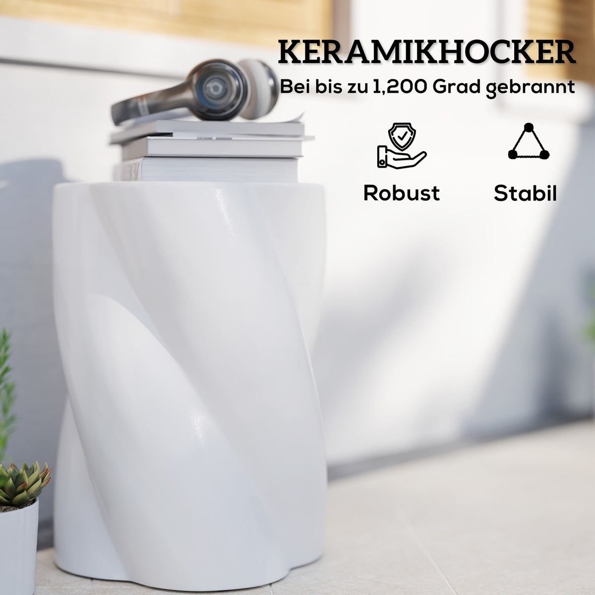 Stool made of ceramic in spiral shape, load capacity 120 kg, diameter 33 x 45 cm, weatherproof garden stool with lid, flower stool, footstool for outdoor camping, garden, terrace, balcony, white