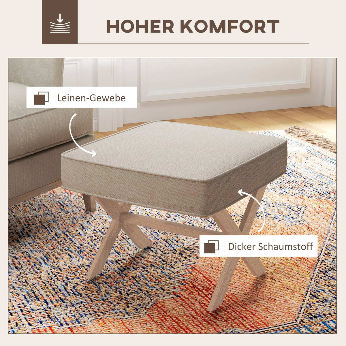 Stool, upholstered bench with linen look, footstool with padded seat, non-slip mat, ottoman footrest made of wood, for living room, bedroom, cream white