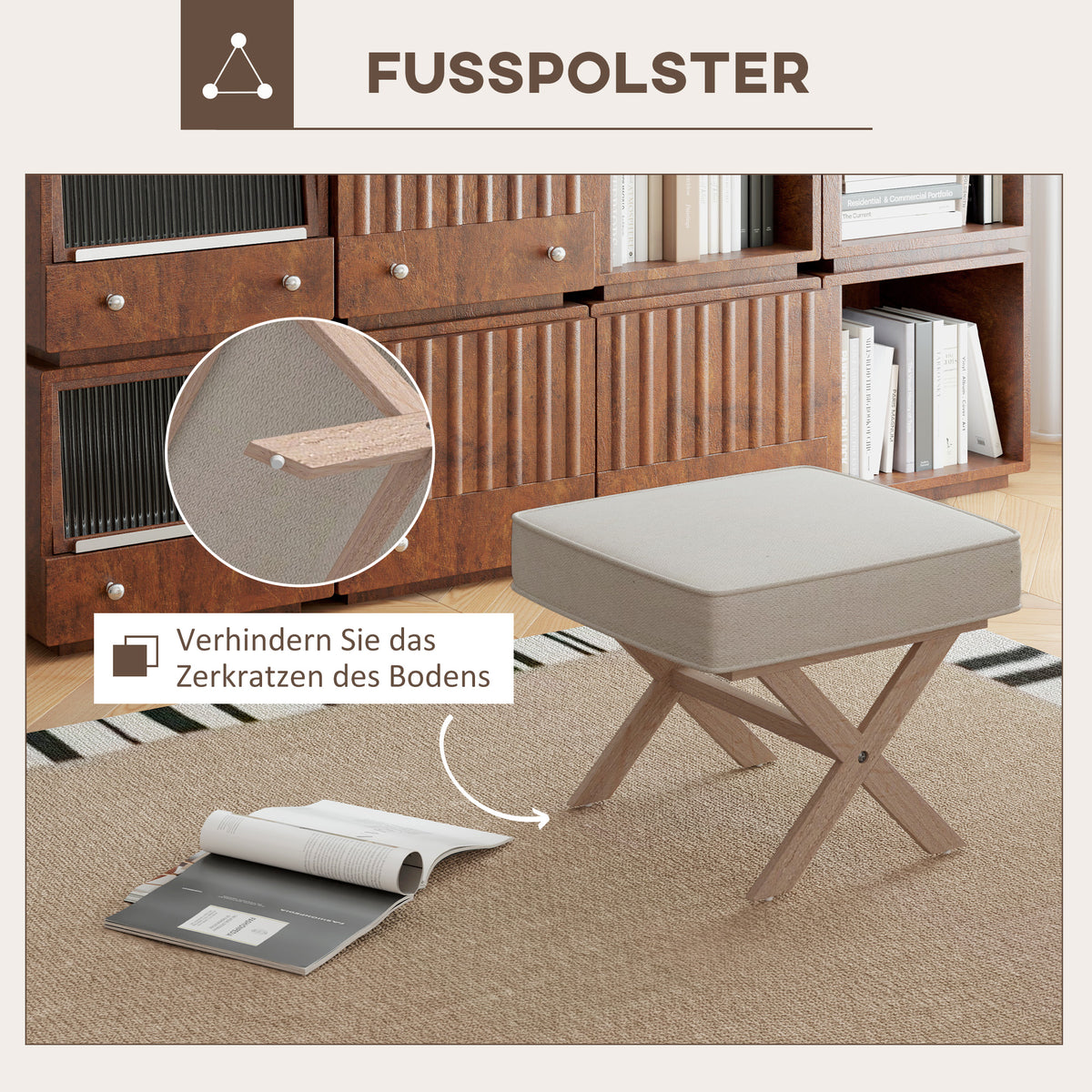 Stool, upholstered bench with linen look, footstool with padded seat, non-slip mat, ottoman footrest made of wood, for living room, bedroom, cream white
