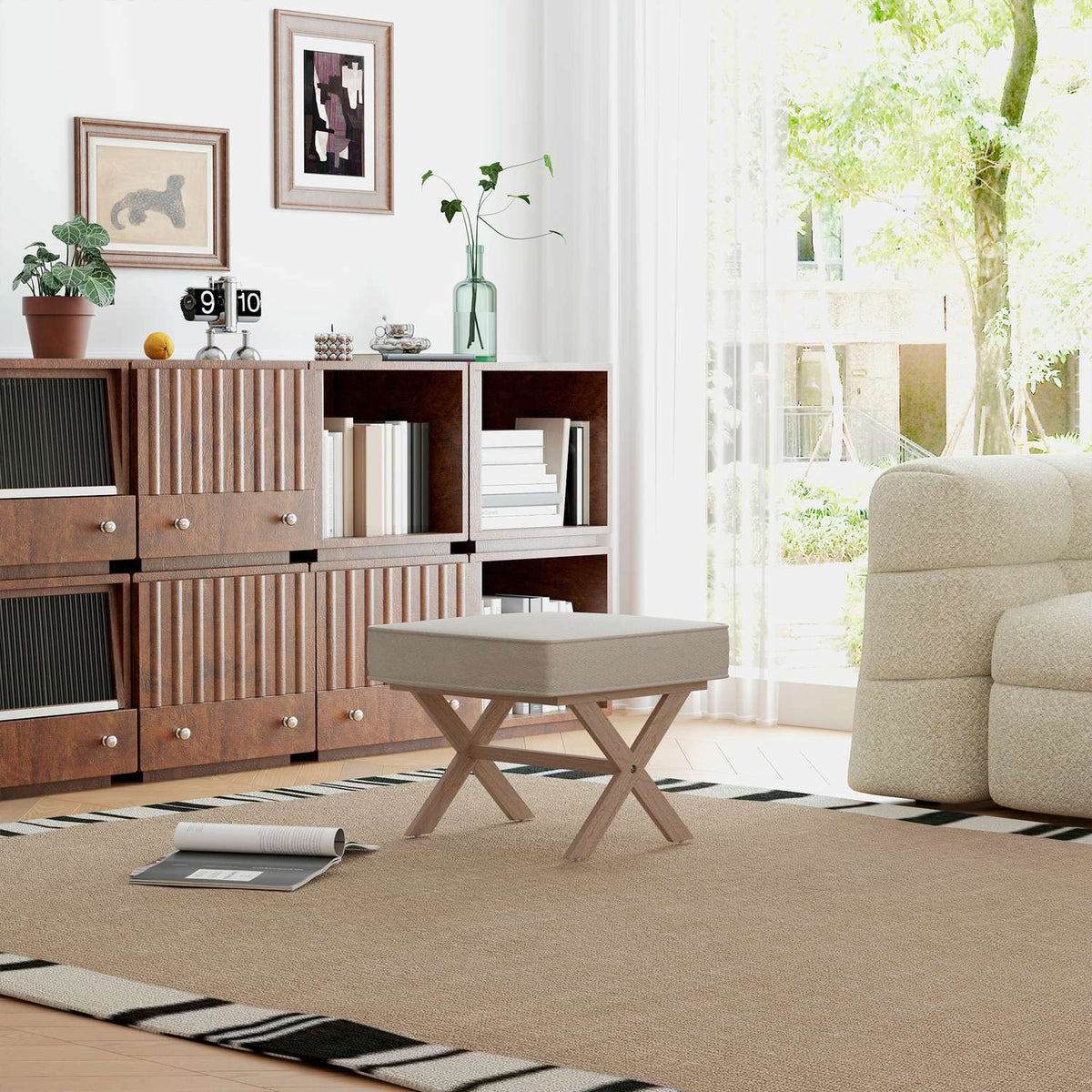 Stool, upholstered bench with linen look, footstool with padded seat, non-slip mat, ottoman footrest made of wood, for living room, bedroom, cream white