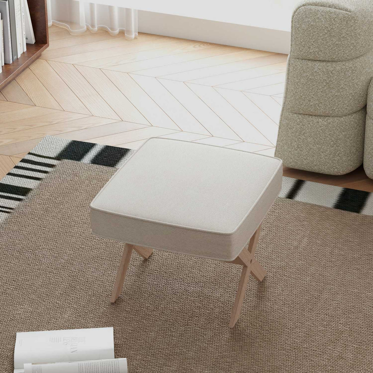 Stool, upholstered bench with linen look, footstool with padded seat, non-slip mat, ottoman footrest made of wood, for living room, bedroom, cream white