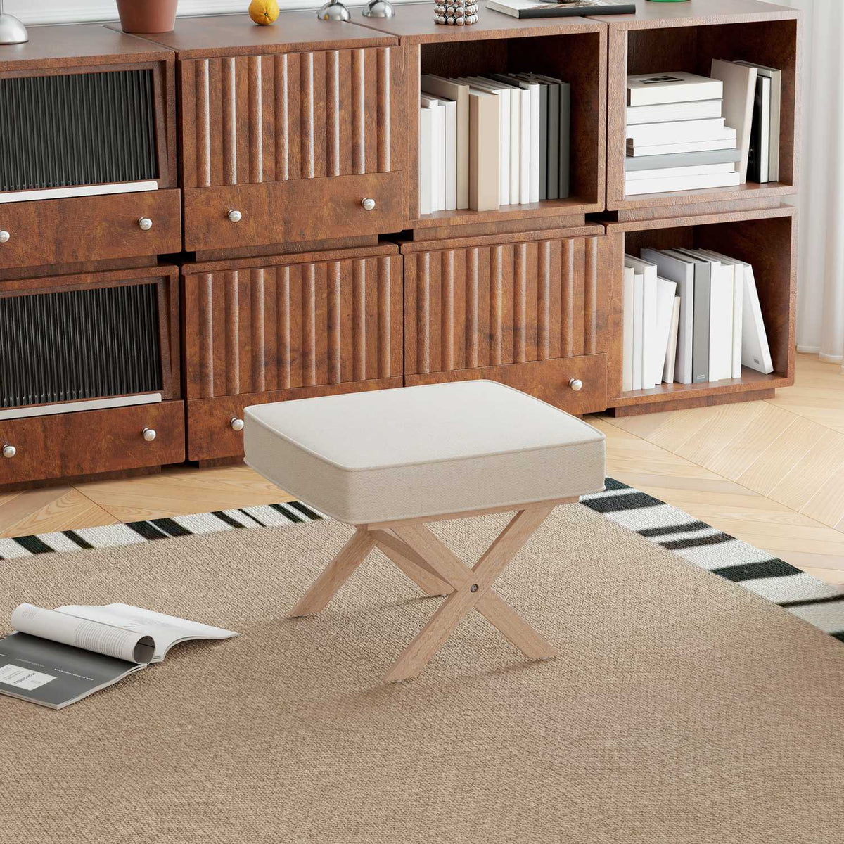 Stool, upholstered bench with linen look, footstool with padded seat, non-slip mat, ottoman footrest made of wood, for living room, bedroom, cream white