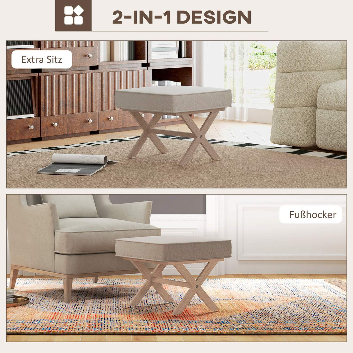 Stool, upholstered bench with linen look, footstool with padded seat, non-slip mat, ottoman footrest made of wood, for living room, bedroom, cream white