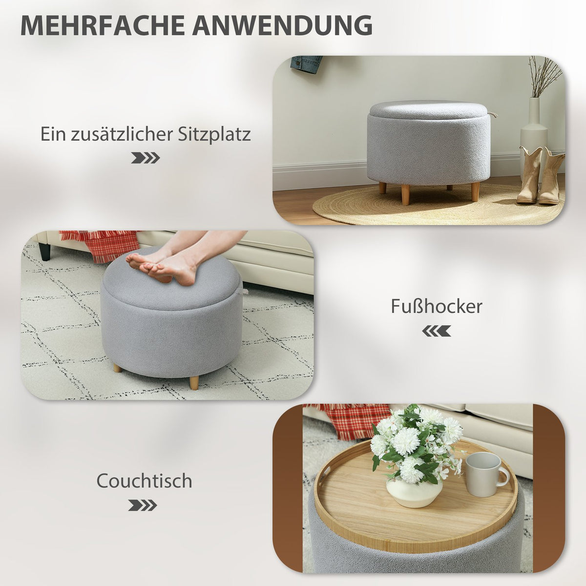 Stool upholstered stool, teddy fleece, hidden storage space, reversible lid, 56 cm x 56 cm x 42 cm, grey