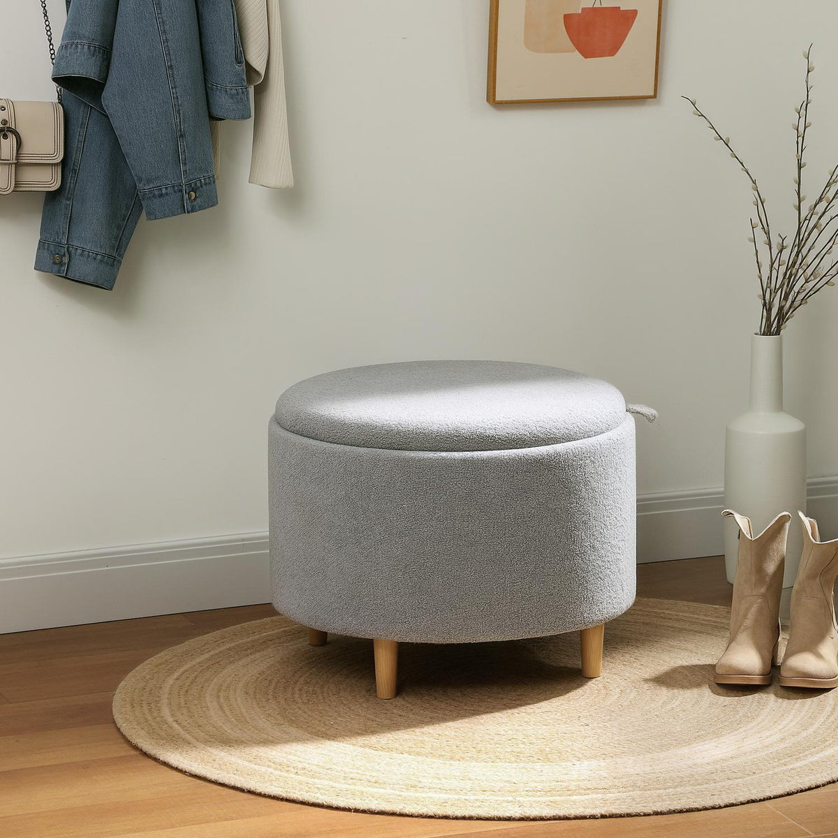 Stool upholstered stool, teddy fleece, hidden storage space, reversible lid, 56 cm x 56 cm x 42 cm, grey