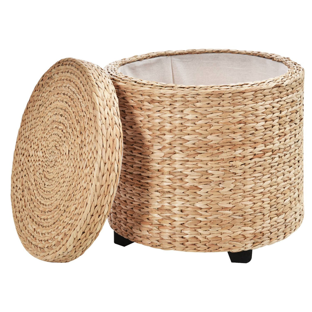 Stool with storage space Footstool with storage box, removable lid, straw rattan, khaki, Ø43x43cm