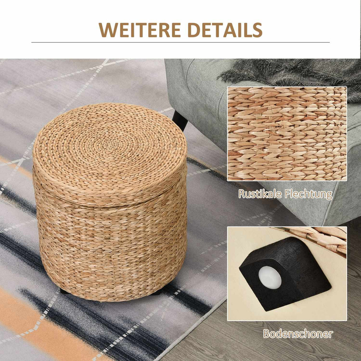 Stool with storage space Footstool with storage box, removable lid, straw rattan, khaki, Ø43x43cm