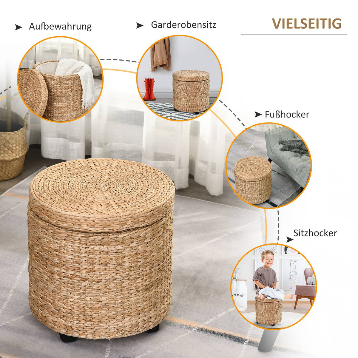 Stool with storage space Footstool with storage box, removable lid, straw rattan, khaki, Ø43x43cm