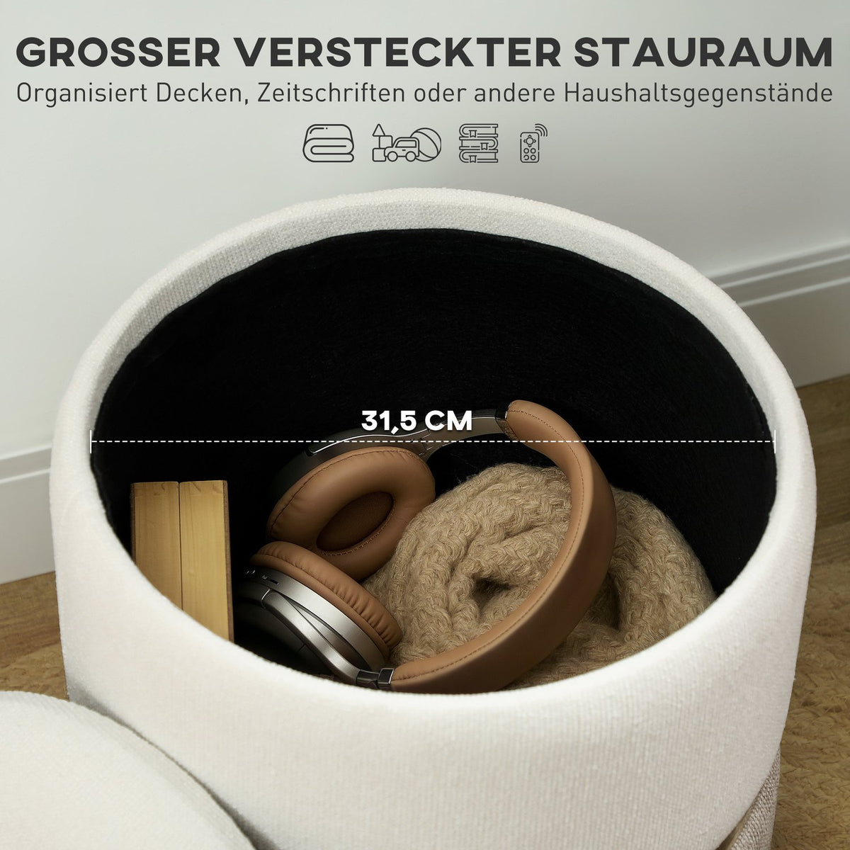 Stool with storage space Stool with lid, metal ring, two-tone design 36 x 36 x 44 cm Cream white