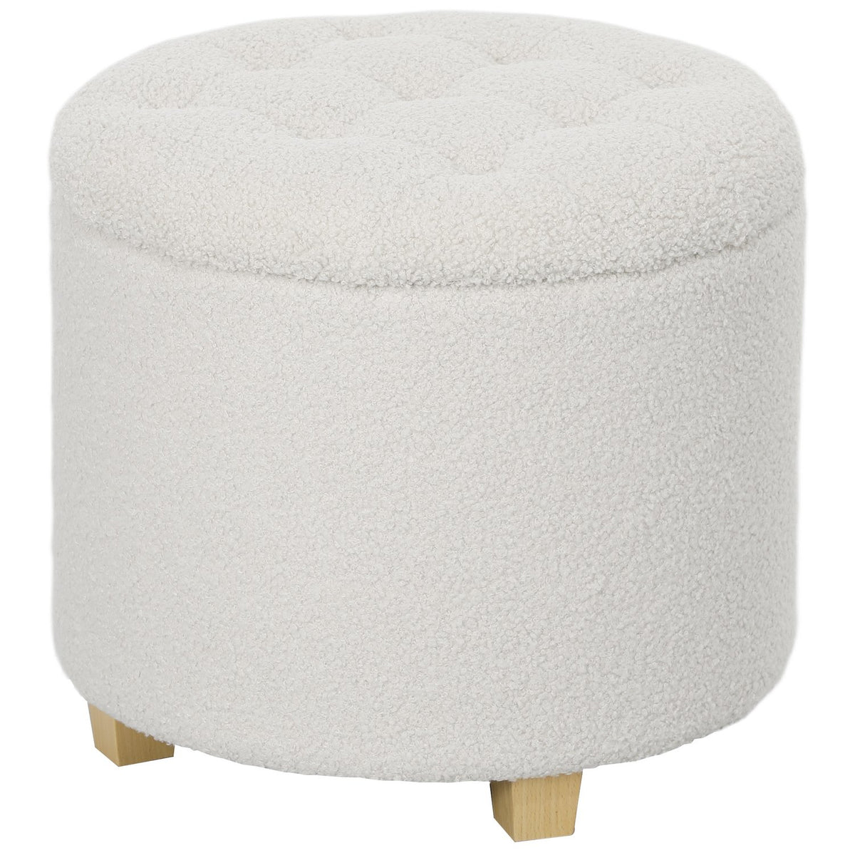 Stool with storage space, stool with lid, round footstool, storage box, with wooden legs, white