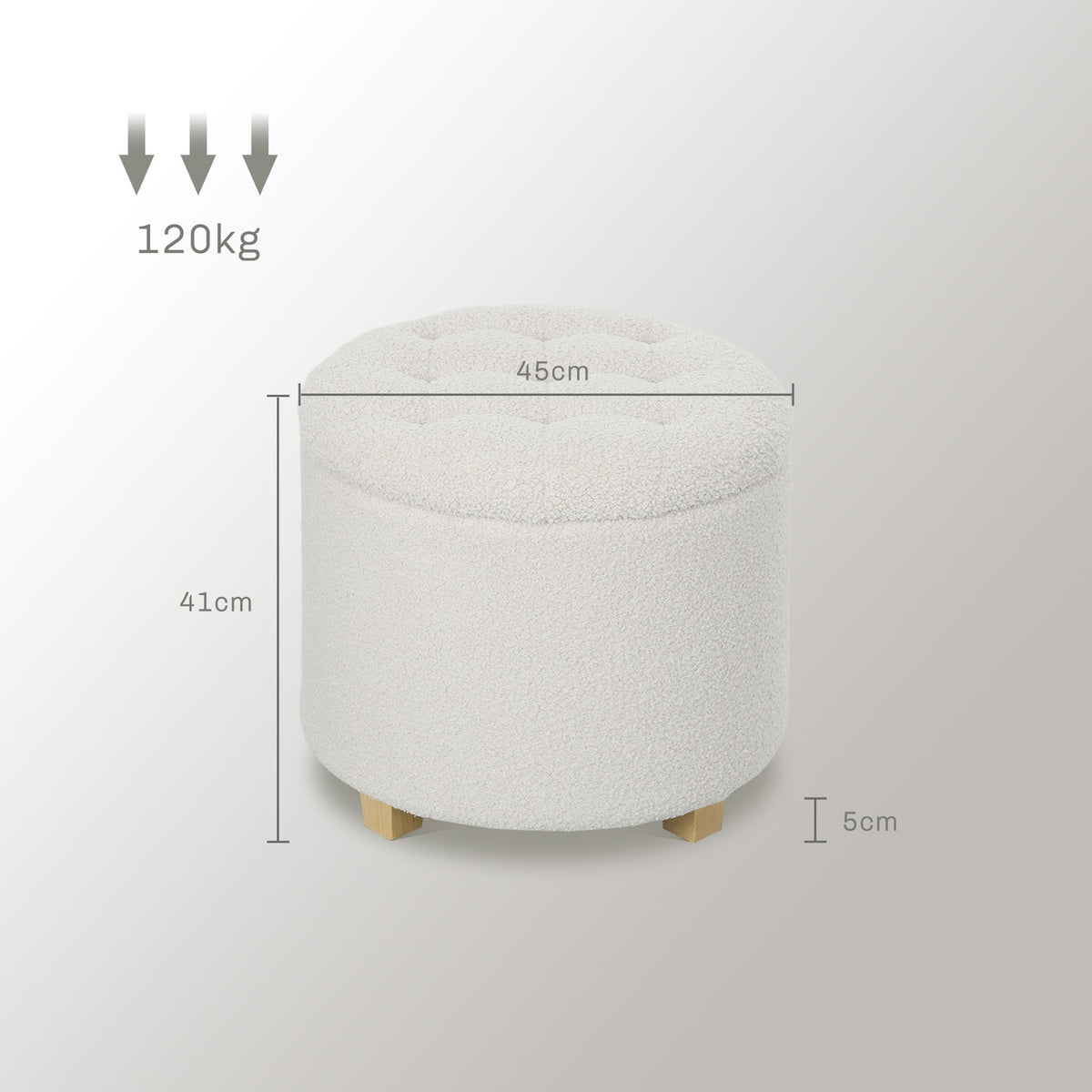 Stool with storage space, stool with lid, round footstool, storage box, with wooden legs, white