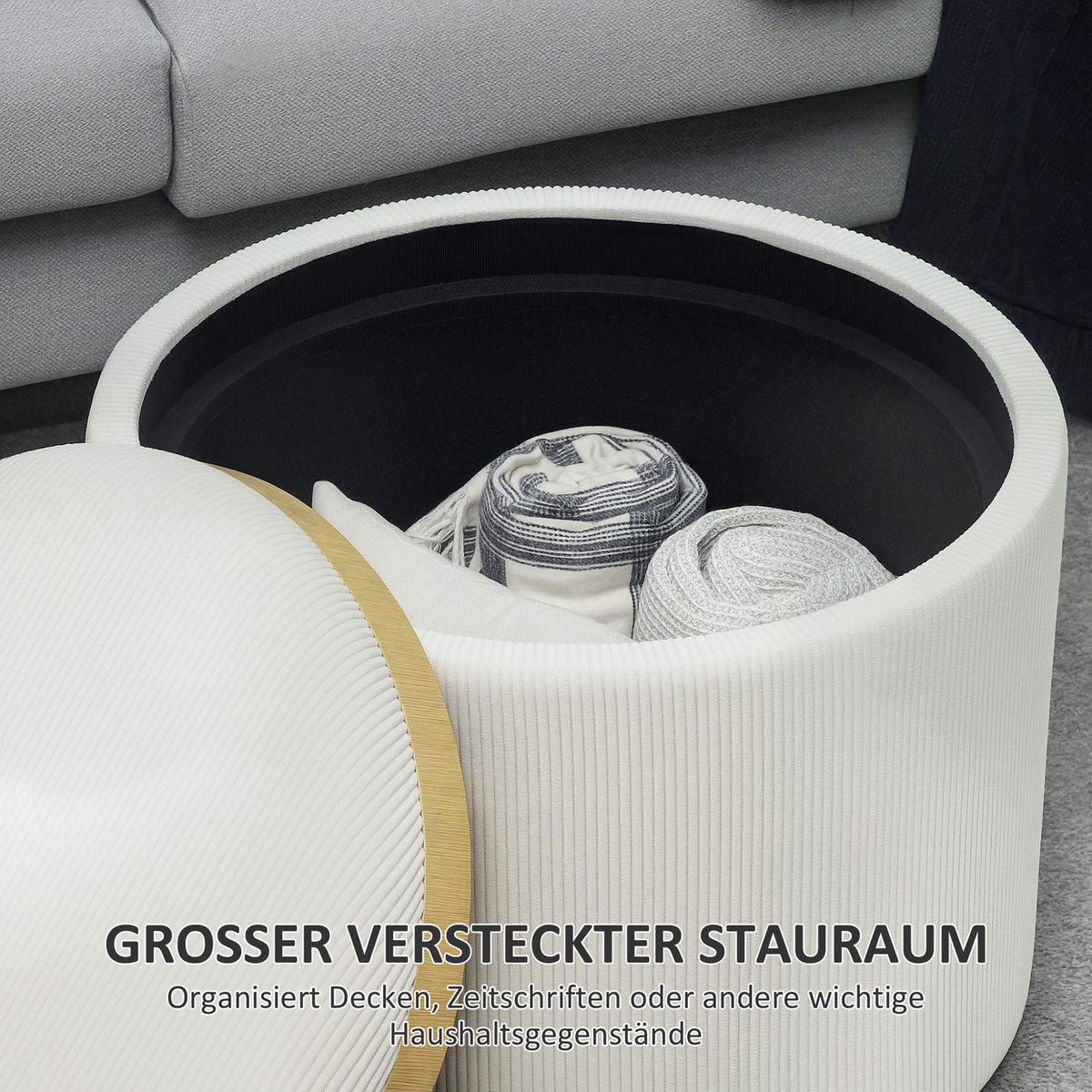Stool with storage space stool with lid, round footstool upholstered stool coffee table with cord look 56 x 56 x 42 cm cream white |