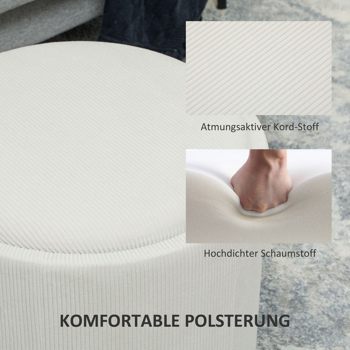 Stool with storage space stool with lid, round footstool upholstered stool coffee table with cord look 56 x 56 x 42 cm cream white |