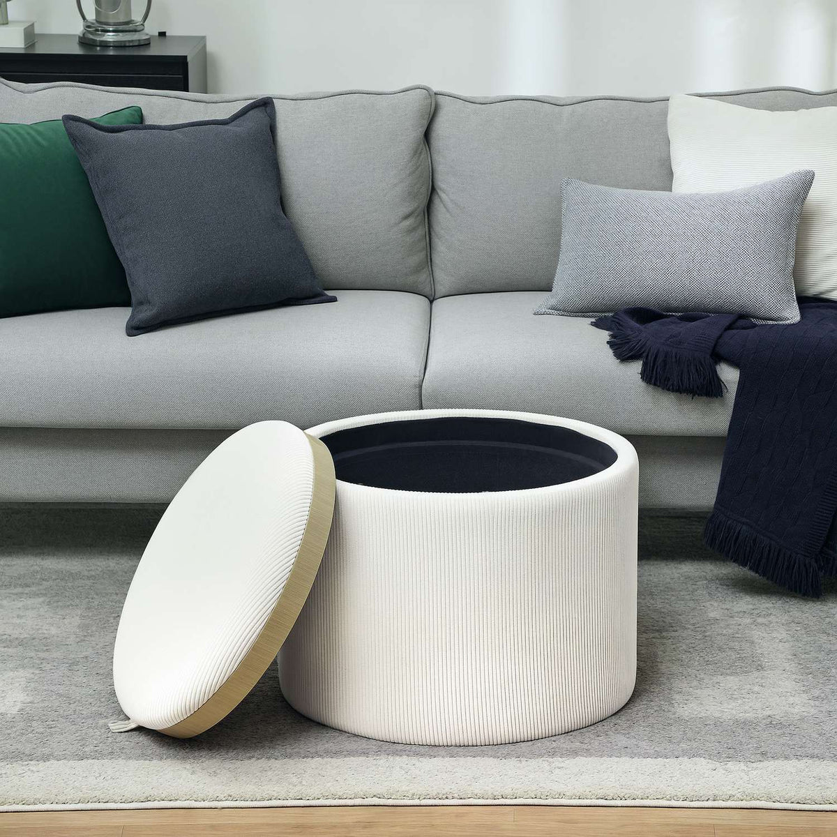 Stool with storage space stool with lid, round footstool upholstered stool coffee table with cord look 56 x 56 x 42 cm cream white |