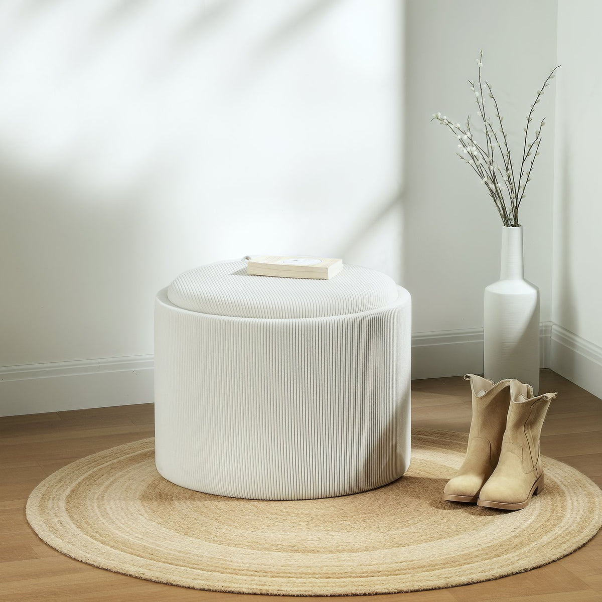 Stool with storage space stool with lid, round footstool upholstered stool coffee table with cord look 56 x 56 x 42 cm cream white |