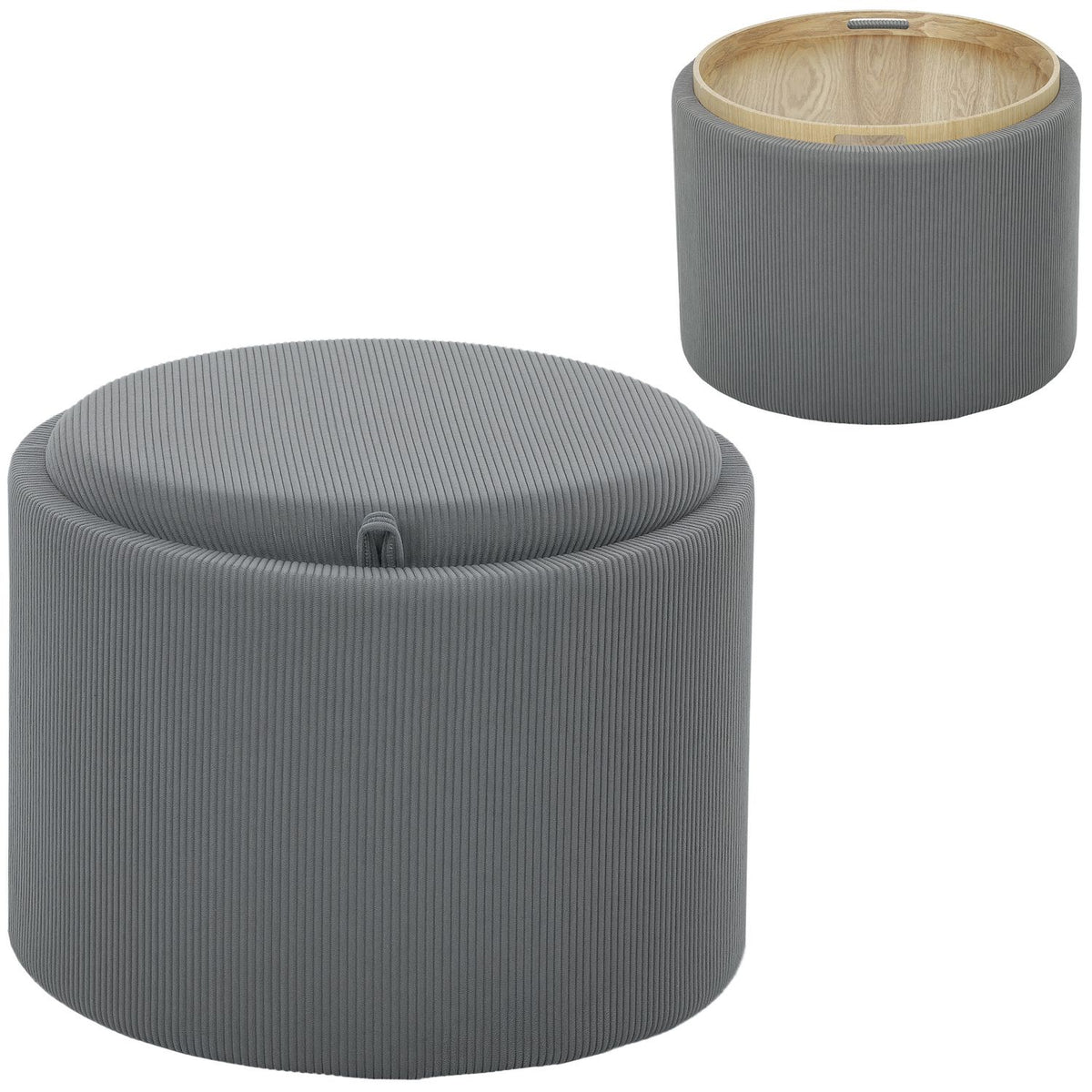 Stool with storage space, stool with lid, round footstool, upholstered stool, coffee table with cord look, 56 x 56 x 42 cm, gray