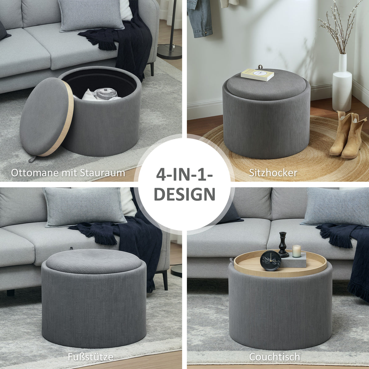 Stool with storage space, stool with lid, round footstool, upholstered stool, coffee table with cord look, 56 x 56 x 42 cm, gray