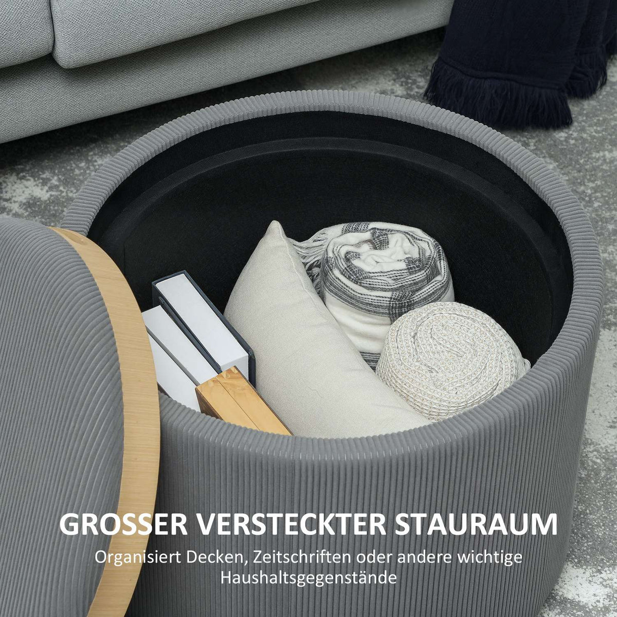Stool with storage space, stool with lid, round footstool, upholstered stool, coffee table with cord look, 56 x 56 x 42 cm, gray