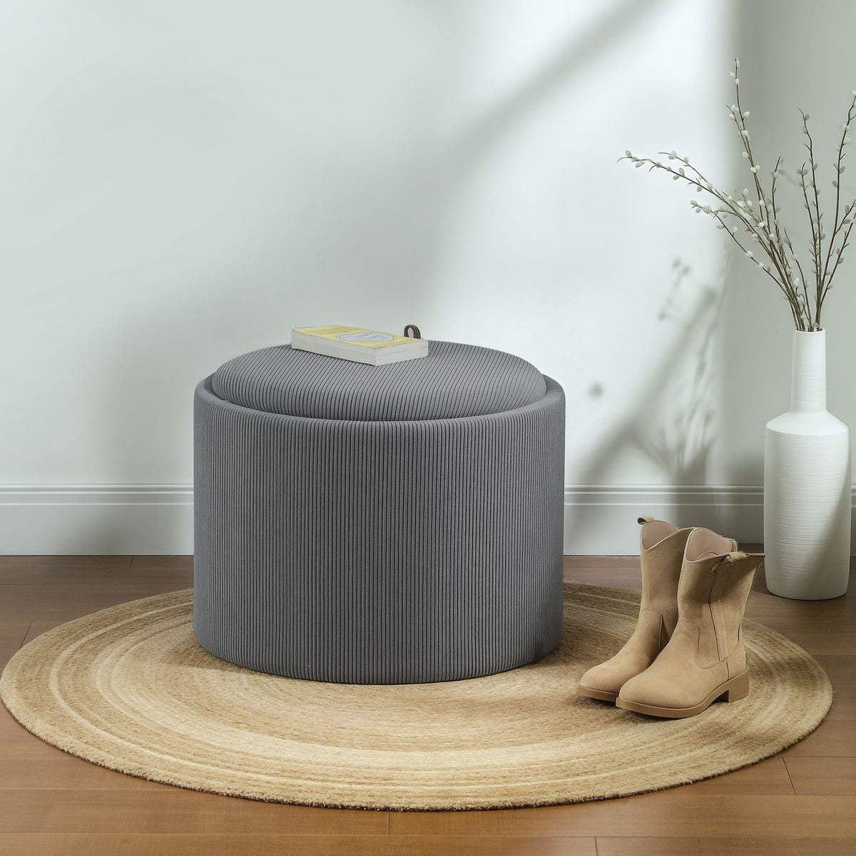 Stool with storage space, stool with lid, round footstool, upholstered stool, coffee table with cord look, 56 x 56 x 42 cm, gray