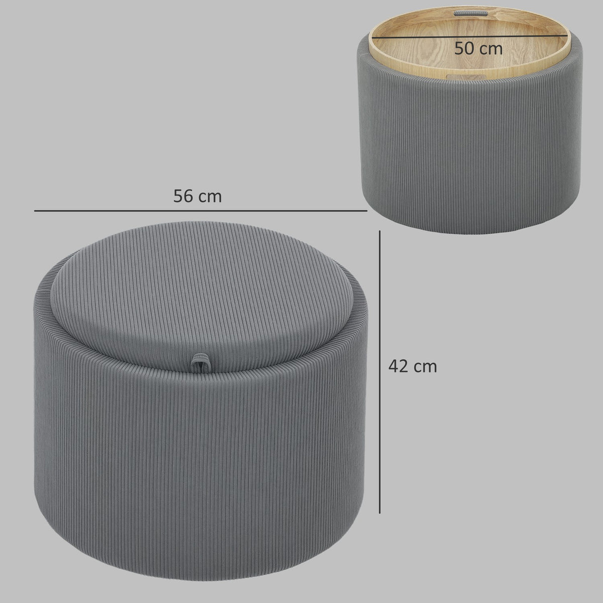 Stool with storage space, stool with lid, round footstool, upholstered stool, coffee table with cord look, 56 x 56 x 42 cm, gray