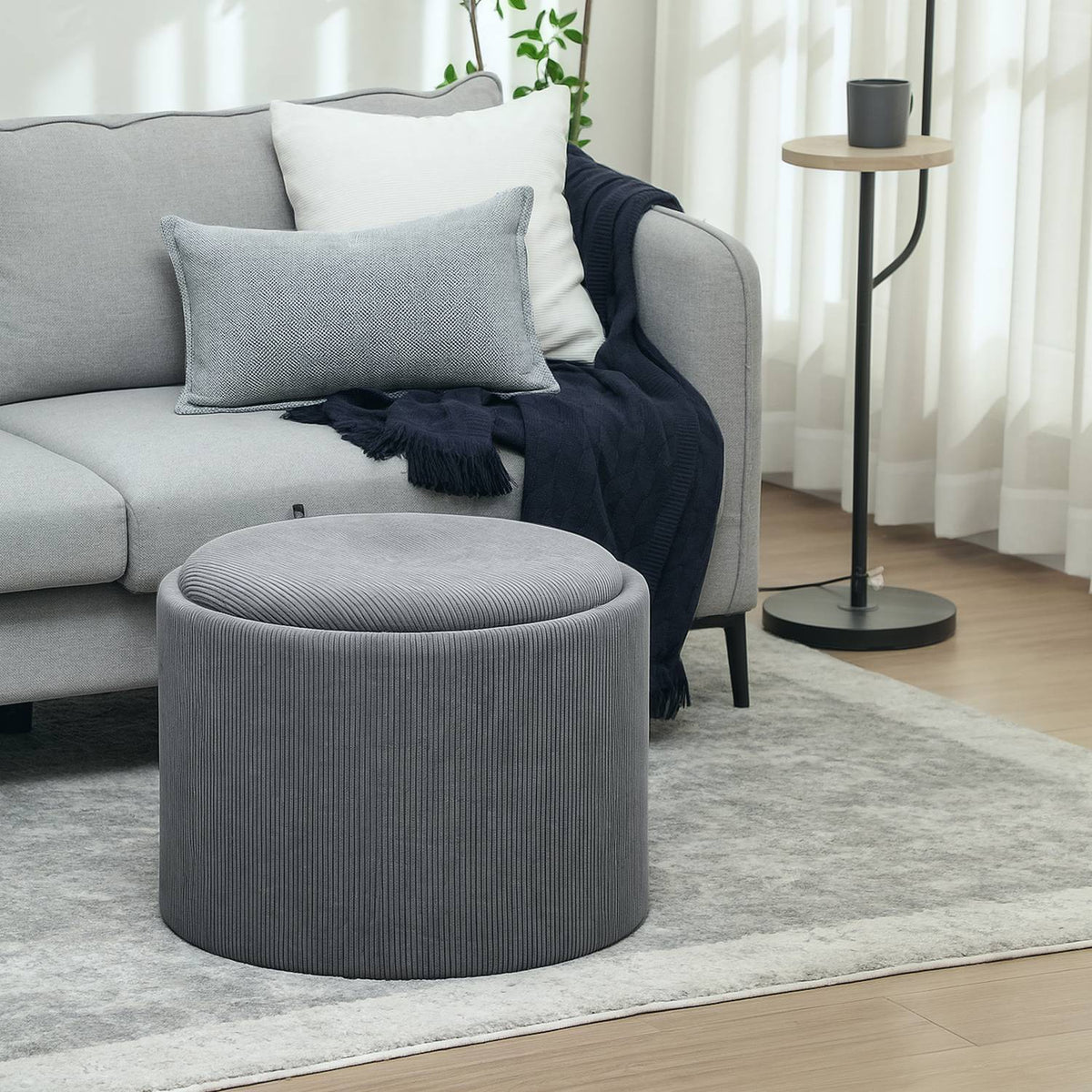 Stool with storage space, stool with lid, round footstool, upholstered stool, coffee table with cord look, 56 x 56 x 42 cm, gray