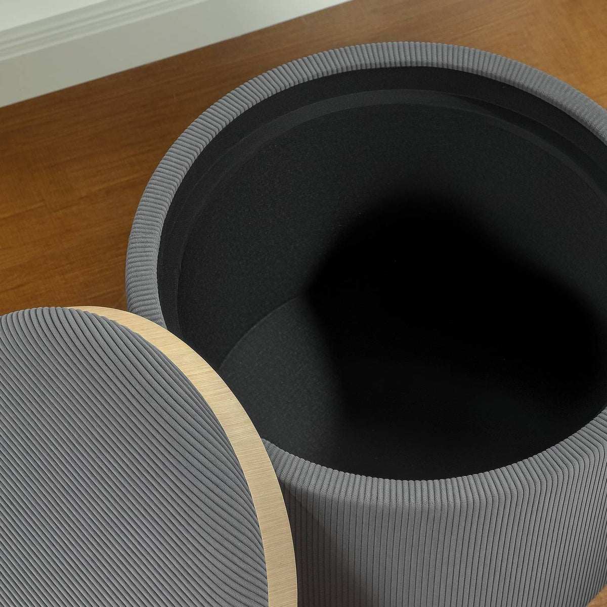 Stool with storage space, stool with lid, round footstool, upholstered stool, coffee table with cord look, 56 x 56 x 42 cm, gray