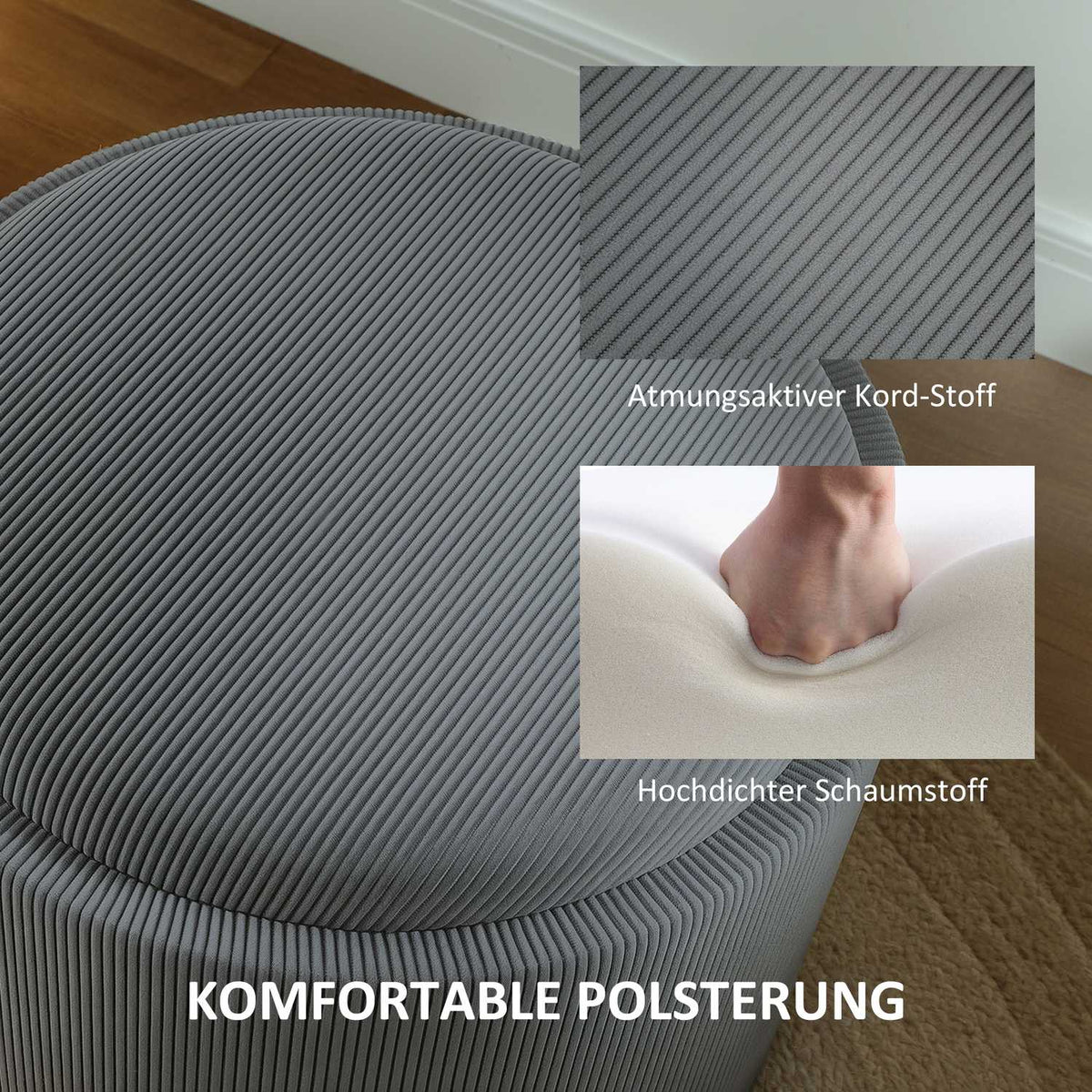 Stool with storage space, stool with lid, round footstool, upholstered stool, coffee table with cord look, 56 x 56 x 42 cm, gray