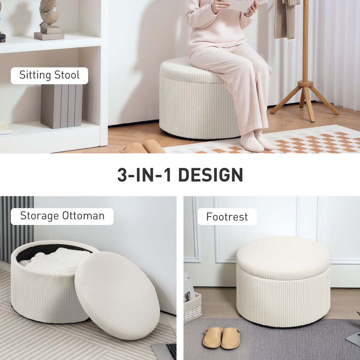 Stool with storage space stool with lid, round ottoman footstool with cord look for living room, bedroom 60 x 60 x 41 cm beige
