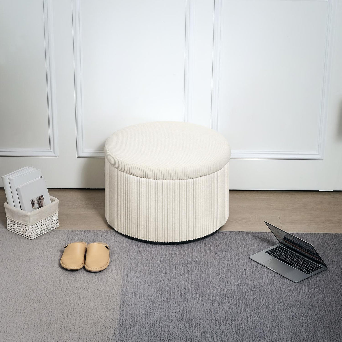 Stool with storage space stool with lid, round ottoman footstool with cord look for living room, bedroom 60 x 60 x 41 cm beige