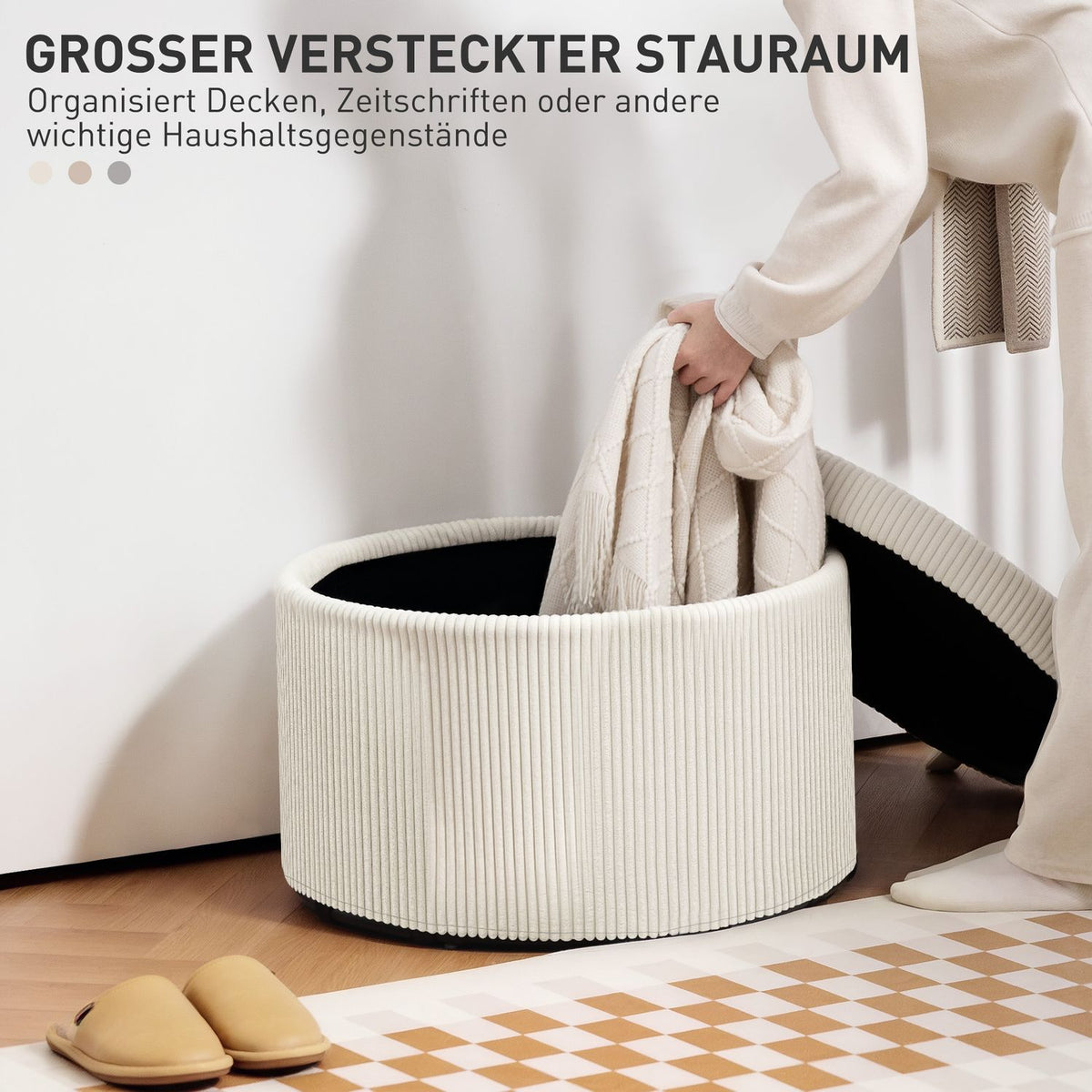 Stool with storage space stool with lid, round ottoman footstool with cord look for living room, bedroom 60 x 60 x 41 cm beige