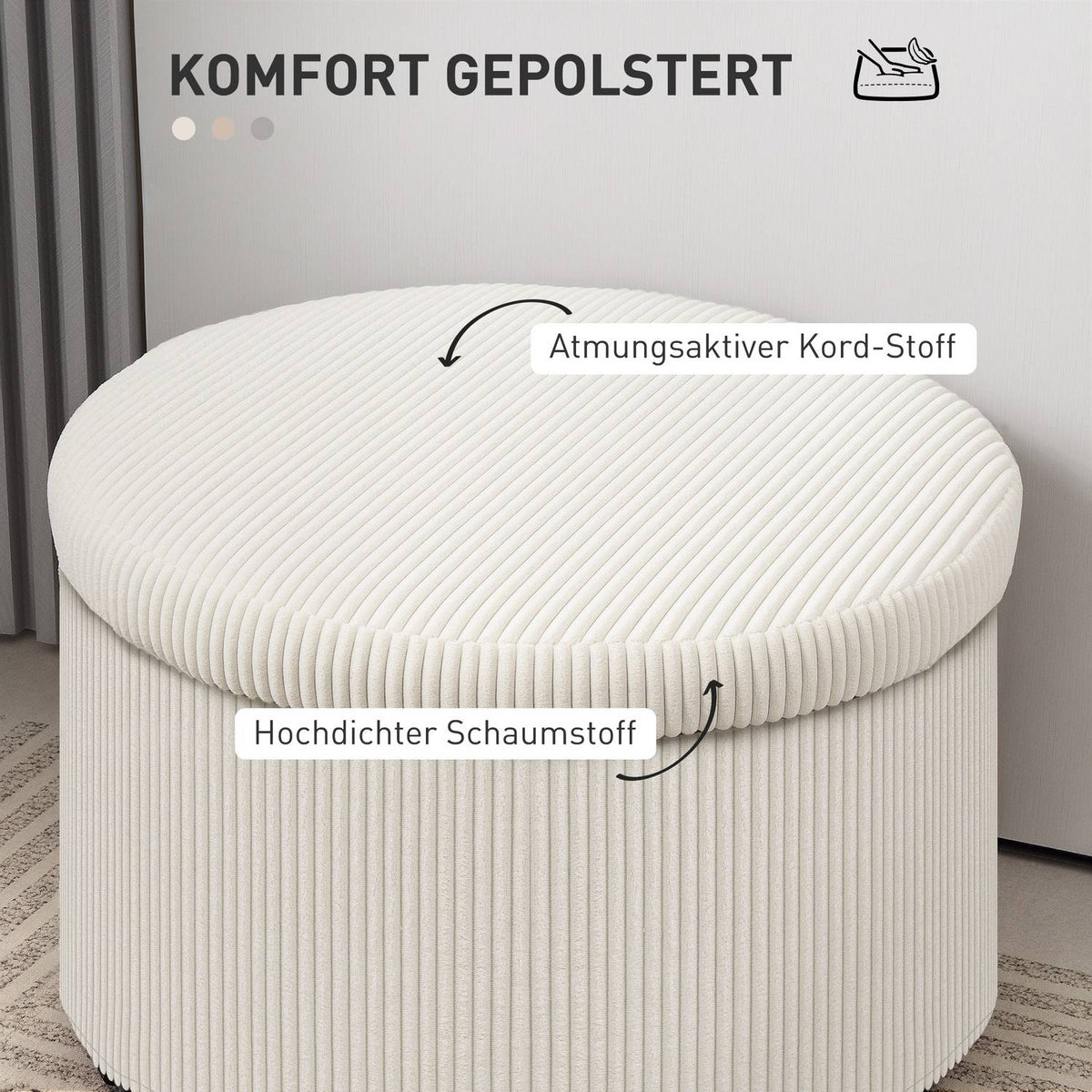 Stool with storage space stool with lid, round ottoman footstool with cord look for living room, bedroom 60 x 60 x 41 cm beige