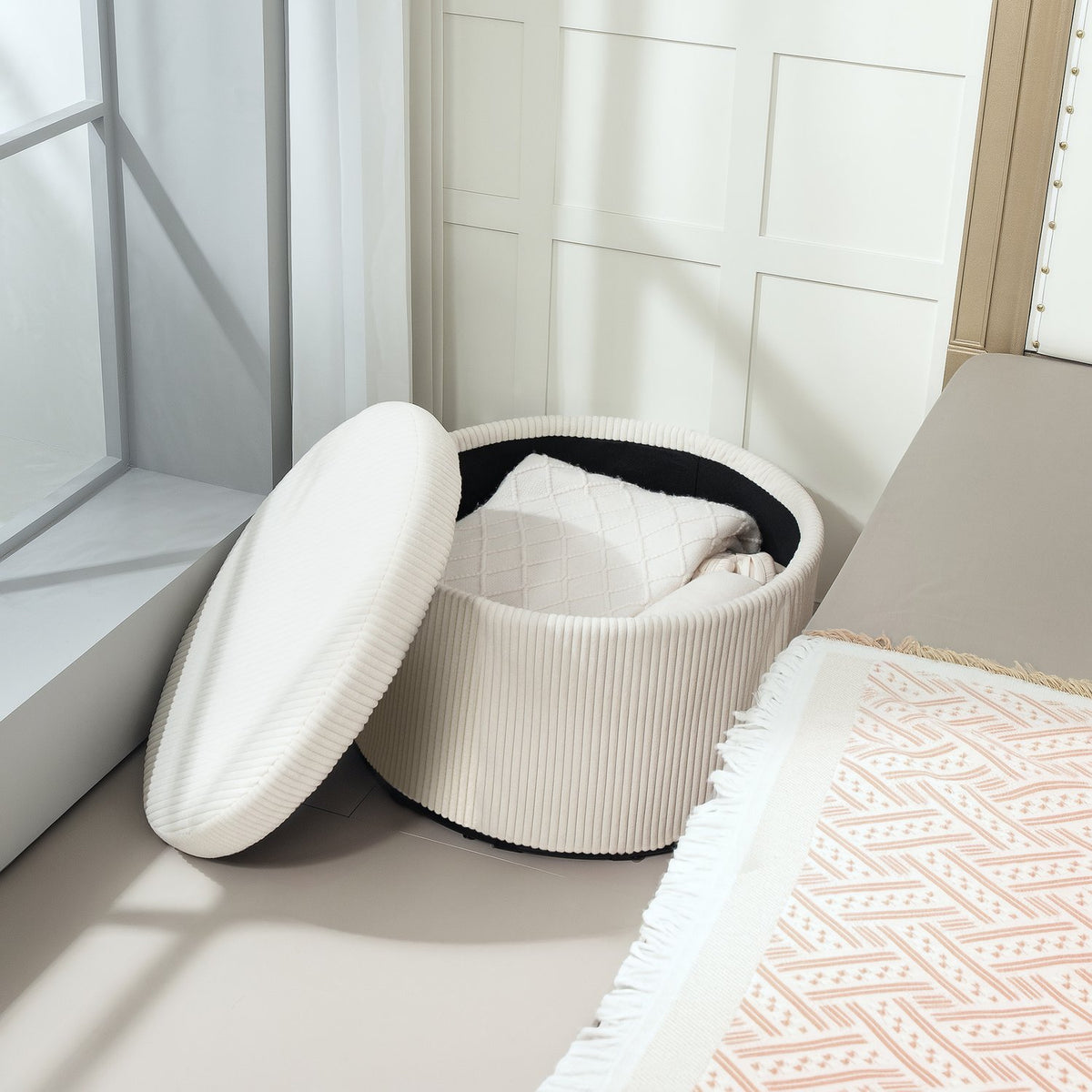 Stool with storage space stool with lid, round ottoman footstool with cord look for living room, bedroom 60 x 60 x 41 cm beige
