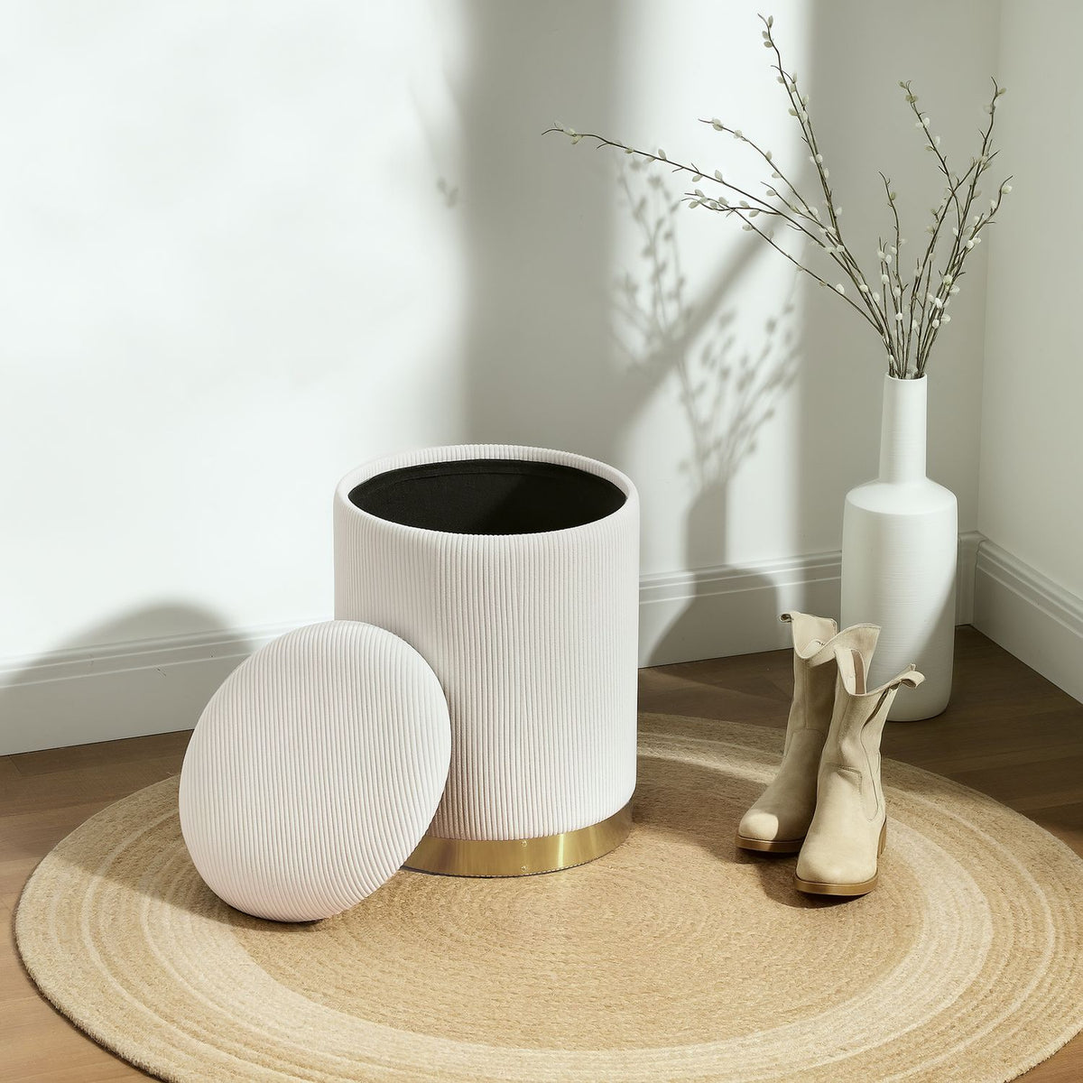 Stool with storage space stool with lid, steel base, round footstool upholstered stool with foot pads, cord look 36 x 36 x 44 cm cream white |