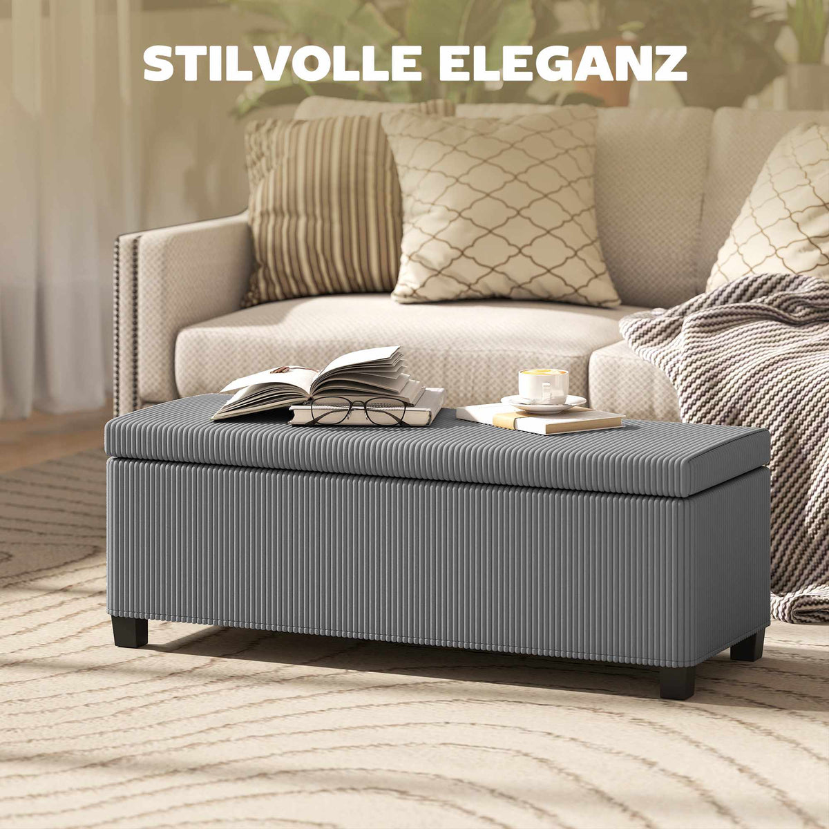 Storage Bench with Corduroy Upholstery, 84L, Grey