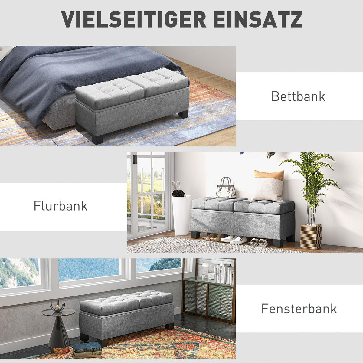 Storage Bench with Linen Upholstery, 116 cm, Grey